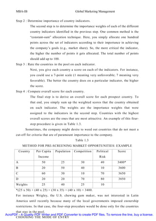 MBA-IB                                        Global Marketing Management


       Step 2 : Determine importance of country indicators.
                     The second step is to determine the importance weights of each of the different
                     country indicators identified in the previous step. One common method is the
                     “constant-sum” allocation technique. Here, you simply allocate one hundred
                     points across the set of indicators according to their importance in achieving
                     the company’s goals (e.g., market share). So, the more critical the indicator,
                     the higher the number of points it gets allocated. The total number of points
                     should add up to 100.
       Step 3 : Rate the countries in the pool on each indicator.
                     Next, you give each country a score on each of the indicators. For instance,
                     you could use a 7-point scale (1 meaning very unfavorable; 7 meaning very
                     favorable). The better the country does on a particular indicator, the higher
                     the score.
       Step 4 : Compute overall score for each country.
                     The final step is to derive an overall score for each prospect country. To
                     that end, you simply sum up the weighted scores that the country obtained
                     on each indicator. The weights are the importance weights that were
                     assigned to the indicators in the second step. Countries with the highest
                     overall scores are the ones that are most attractive. An example of this four-
                     step procedure is given in Table 1.3.
               Sometimes, the company might desire to weed out countries that do not meet a
       cut-off for criteria that are of paramount importance to the company.
                                                     Table 1.3
             METHOD FOR PRE-SCREENING MARKET OPPORTUNITIES: EXAMPLE
           Country       Per Capita    Population    Competition     Political       Score
                           Income                                      Risk
       A                     50              25           30            40          3400*
       B                     20              50           40            10           3600
       C                     60              30           10            70           3650
       D                     20              20           70            80           3850
       Weights               25              40           25            10
       *(25 x 50) + (40 x 25) + (30 x 35) + (40 x 10) = 3400.
       For instance Wrigley, the U.S. chewing gum maker, was not interested in Latin
       America until recently because many of the local governments imposed ownership
       restrictions. In that case, the four-step procedure would be done only for the countries
      that stay in the pool.
AcroPDF - A Quality PDF Writer and PDF Converter to create PDF files. To remove the line, buy a license.
      CHOOSING THE MODE OF ENTRY
 