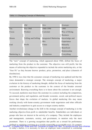 MBA-IB                                   Global Marketing Management



       Table 1-1 Changing Concept of Marketing




                         Old                   New                     Strategic
       Era               Pre-1960              1960-1990               1990
       Focus             Product               Customer                Way of Doing
                                                                       Business
       Means             Telling and Selling   Integrated Marketing Knowledge and
                                               Mix                     Experience
       End               Profit                Value                   Mutually
                                                                       Beneficial
                                                                       Relationship
       Marketing is..    Selling               A Function              Everything


       The “new” concept of marketing, which appeared about 1960, shifted the focus of
       marketing from the product to the customer. The objective was still profit, but the
       means of achieving the objective expanded to include the entire marketing mix, or the
       “four Ps” as they became known: product, price, promotion, and place (channels of
       distribution).
       By 1990 it was clear that the consumer concept of marketing was updated and that the
       times demanded a strategic concept. The strategic concept of marketing, a major
       evolution in the history of marketing thought, shifted the focus of marketing from the
       customer or the product to the customer in the context of the broader external
       environment. Knowing everything there is to know about the customer is not enough.
       To succeed, marketers must know the customer in a context including the competition,
       government policy and regulation, and broader economic, social, and political macro
       forces that shape the evolution of markets. In global marketing this may mean
       working closely with home-country government trade negotiators and other officials
       and industry competitors to gain access to a target country market.
       Another revolutionary change in the shift to the strategic concept of marketing is in the
       marketing objective-from profit to stakeholder benefits. Stakeholders are individuals or
       groups who have an interest in the activity of a company. They include the employees
       and management, customers, society, and government, to mention only the most
       prominent. There is a growing recognition that profits are a reward for performance
      (defined as satisfying customers in a socially responsible or acceptable way). To compete
AcroPDF - A Quality PDF Writer and PDF Converter to create PDF files. To remove the line, buy a license.
      in today’s market, it is necessary to have an employee team committed to continuing
 