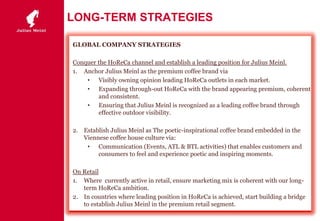 LONG-TERM STRATEGIES
GLOBAL COMPANY STRATEGIES
Conquer the HoReCa channel and establish a leading position for Julius Meinl.
1. Anchor Julius Meinl as the premium coffee brand via
• Visibly owning opinion leading HoReCa outlets in each market.
• Expanding through-out HoReCa with the brand appearing premium, coherent
and consistent.
• Ensuring that Julius Meinl is recognized as a leading coffee brand through
effective outdoor visibility.
2. Establish Julius Meinl as The poetic-inspirational coffee brand embedded in the
Viennese coffee house culture via:
• Communication (Events, ATL & BTL activities) that enables customers and
consumers to feel and experience poetic and inspiring moments.
On Retail
1. Where currently active in retail, ensure marketing mix is coherent with our long-
term HoReCa ambition.
2. In countries where leading position in HoReCa is achieved, start building a bridge
to establish Julius Meinl in the premium retail segment.
 