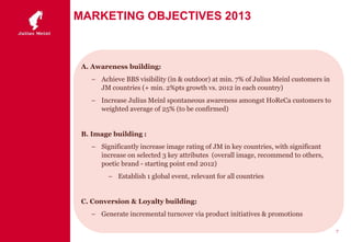 MARKETING OBJECTIVES 2013
A. Awareness building:
– Achieve BBS visibility (in & outdoor) at min. 7% of Julius Meinl customers in
JM countries (+ min. 2%pts growth vs. 2012 in each country)
– Increase Julius Meinl spontaneous awareness amongst HoReCa customers to
weighted average of 25% (to be confirmed)
B. Image building :
– Significantly increase image rating of JM in key countries, with significant
increase on selected 3 key attributes (overall image, recommend to others,
poetic brand - starting point end 2012)
– Establish 1 global event, relevant for all countries
C. Conversion & Loyalty building:
– Generate incremental turnover via product initiatives & promotions
7
 