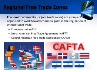 Regional Free Trade Zones
• Economic community (or free trade zones) are groups of nations
organized to work toward common goals in the regulation of
international trade.
– European Union (EU)
– North American Free Trade Agreement (NAFTA)
– Central American Free Trade Association (CAFTA)
 