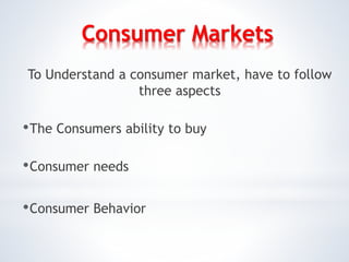 Consumer Markets
To Understand a consumer market, have to follow
three aspects
•The Consumers ability to buy
•Consumer needs
•Consumer Behavior
 
