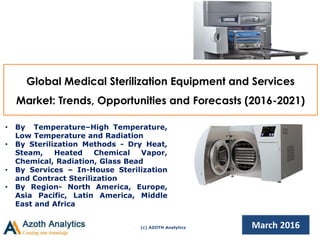 (c) AZOTH Analytics March 2016
Global Medical Sterilization Equipment and Services
Market: Trends, Opportunities and Forecasts (2016-2021)
• By Temperature–High Temperature,
Low Temperature and Radiation
• By Sterilization Methods - Dry Heat,
Steam, Heated Chemical Vapor,
Chemical, Radiation, Glass Bead
• By Services – In-House Sterilization
and Contract Sterilization
• By Region- North America, Europe,
Asia Pacific, Latin America, Middle
East and Africa
 