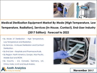 Medical Sterilization Equipment Market By Mode (High Temperature, Low
Temperature, Radiation), Services (In-House, Contact), End-User Industry
(2017 Edition): Forecast to 2022
• By Mode of Sterilization - High Temperature,
Low Temperature and Radiation.
• By Services - In-House Sterilization and Contract
Sterilization.
• By End User – Hospitals and Pharmaceuticals.
• By Region- North America, Europe, Asia Pacific,
Middle East and ROW.
• By Country - U.S, Canada, Germany, U.K,
China, India, U.A.E and Saudi Arabia.
November 2017
 