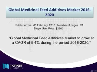Global Medicinal Feed Additives Market 2016-
2020
“Global Medicinal Feed Additives Market to grow at
a CAGR of 5.4% during the period 2016-2020.”
Published on - 03 February, 2016 | Number of pages : 78
Single User Price: $2500
 