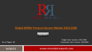 Global MEMs Pressure Sensor Market 2016-2020
www.rnrmarketresearch.comWEBSITE
Single User License: US$ 2500
No of Pages: 56 Corporate User License: US$4000
 