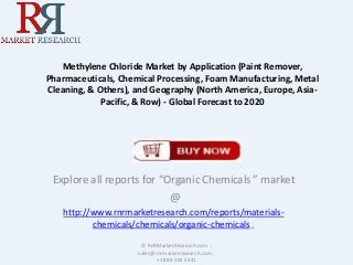 Methylene Chloride Market by Application (Paint Remover,
Pharmaceuticals, Chemical Processing, Foam Manufacturing, Metal
Cleaning, & Others), and Geography (North America, Europe, Asia-
Pacific, & Row) - Global Forecast to 2020
Explore all reports for “Organic Chemicals ” market
@
http://www.rnrmarketresearch.com/reports/materials-
chemicals/chemicals/organic-chemicals .
© RnRMarketResearch.com ;
sales@rnrmarketresearch.com ;
+1 888 391 5441
 
