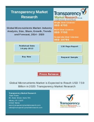 Transparency Market
Research
Global Micronutrients Market- Industry
Analysis, Size, Share, Growth, Trends
and Forecast, 2014 - 2020
Single User License:
USD 4795
Multi User License:
USD 7795
Corporate User License:
USD 10795
Global Micronutrients Market is Expected to Reach USD 7.59
Billion in 2020: Transparency Market Research
Transparency Market Research
State Tower,
90, State Street, Suite 700.
Albany, NY 12207
United States
www.transparencymarketresearch.com
sales@transparencymarketresearch.com
130 Page ReportPublished Date
10-July-2013
Buy Now
Press Release
Request Sample
 