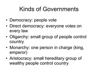 Kinds of Governments Democracy: people vote Direct democracy: everyone votes on every law Oligarchy: small group of people control country Monarchy: one person in charge (king, emperor) Aristocracy: small hereditary group of wealthy people control country  