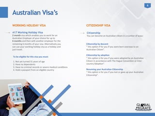 6	
  
WORKING HOLIDAY VISA CITIZENSHIP VISA
417 Working Holiday Visa
2	
  month	
  visa	
  which	
  enables	
  you	
  to	
  work	
  for	
  an	
  
Australian	
  Employer	
  of	
  your	
  choice	
  for	
  up	
  to	
  	
  
6	
  months	
  and	
  then	
  with	
  another	
  employer	
  for	
  the	
  
remaining	
  6	
  months	
  of	
  your	
  visa.	
  Alterna?vely	
  you	
  
can	
  use	
  your	
  working	
  holiday	
  visa	
  as	
  a	
  holiday	
  and	
  
just	
  travel.	
  
	
  
	
  
Citizenship
You	
  can	
  become	
  an	
  Australian	
  ci?zen	
  in	
  a	
  number	
  of	
  ways:	
  
Australian Visa’s
To	
  be	
  eligible	
  for	
  this	
  visa	
  you	
  must:	
  
1.	
  Not	
  yet	
  turned	
  31	
  years	
  of	
  age	
  
2.	
  Have	
  no	
  dependents	
  
3.	
  Have	
  no	
  criminal	
  records	
  or	
  severe	
  medical	
  condi?ons	
  
4.	
  Hold	
  a	
  passport	
  from	
  an	
  eligible	
  country	
  
	
  
Ci3zenship	
  by	
  descent	
  	
  
“	
  this	
  op?on	
  if	
  for	
  you	
  if	
  you	
  were	
  born	
  overseas	
  to	
  an	
  
Australian	
  Ci?zen”.	
  
	
  
Ci3zenship	
  by	
  adop3on	
  	
  
“	
  this	
  op?on	
  is	
  for	
  you	
  if	
  you	
  were	
  adopted	
  by	
  an	
  Australian	
  
Ci?zen	
  in	
  accordance	
  with	
  The	
  Hague	
  Conven?on	
  or	
  Inter	
  
country	
  Adop?on”.	
  
	
  
Resuming	
  your	
  Australian	
  Ci3zenship	
  	
  
“	
  this	
  op?on	
  is	
  for	
  you	
  if	
  you	
  lost	
  or	
  gave	
  up	
  your	
  Australian	
  
Ci?zenship”.	
  
 