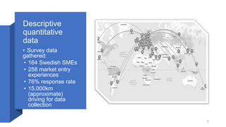 Descriptive
quantitative
data
• Survey data
gathered:
• 164 Swedish SMEs
• 258 market entry
experiences
• 76% response rat...