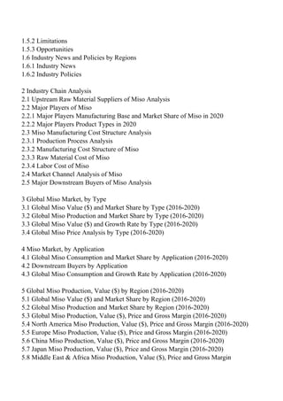 1.5.2 Limitations
1.5.3 Opportunities
1.6 Industry News and Policies by Regions
1.6.1 Industry News
1.6.2 Industry Policies
2 Industry Chain Analysis
2.1 Upstream Raw Material Suppliers of Miso Analysis
2.2 Major Players of Miso
2.2.1 Major Players Manufacturing Base and Market Share of Miso in 2020
2.2.2 Major Players Product Types in 2020
2.3 Miso Manufacturing Cost Structure Analysis
2.3.1 Production Process Analysis
2.3.2 Manufacturing Cost Structure of Miso
2.3.3 Raw Material Cost of Miso
2.3.4 Labor Cost of Miso
2.4 Market Channel Analysis of Miso
2.5 Major Downstream Buyers of Miso Analysis
3 Global Miso Market, by Type
3.1 Global Miso Value ($) and Market Share by Type (2016-2020)
3.2 Global Miso Production and Market Share by Type (2016-2020)
3.3 Global Miso Value ($) and Growth Rate by Type (2016-2020)
3.4 Global Miso Price Analysis by Type (2016-2020)
4 Miso Market, by Application
4.1 Global Miso Consumption and Market Share by Application (2016-2020)
4.2 Downstream Buyers by Application
4.3 Global Miso Consumption and Growth Rate by Application (2016-2020)
5 Global Miso Production, Value ($) by Region (2016-2020)
5.1 Global Miso Value ($) and Market Share by Region (2016-2020)
5.2 Global Miso Production and Market Share by Region (2016-2020)
5.3 Global Miso Production, Value ($), Price and Gross Margin (2016-2020)
5.4 North America Miso Production, Value ($), Price and Gross Margin (2016-2020)
5.5 Europe Miso Production, Value ($), Price and Gross Margin (2016-2020)
5.6 China Miso Production, Value ($), Price and Gross Margin (2016-2020)
5.7 Japan Miso Production, Value ($), Price and Gross Margin (2016-2020)
5.8 Middle East & Africa Miso Production, Value ($), Price and Gross Margin
 