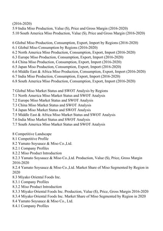 (2016-2020)
5.9 India Miso Production, Value ($), Price and Gross Margin (2016-2020)
5.10 South America Miso Production, Value ($), Price and Gross Margin (2016-2020)
6 Global Miso Production, Consumption, Export, Import by Regions (2016-2020)
6.1 Global Miso Consumption by Regions (2016-2020)
6.2 North America Miso Production, Consumption, Export, Import (2016-2020)
6.3 Europe Miso Production, Consumption, Export, Import (2016-2020)
6.4 China Miso Production, Consumption, Export, Import (2016-2020)
6.5 Japan Miso Production, Consumption, Export, Import (2016-2020)
6.6 Middle East & Africa Miso Production, Consumption, Export, Import (2016-2020)
6.7 India Miso Production, Consumption, Export, Import (2016-2020)
6.8 South America Miso Production, Consumption, Export, Import (2016-2020)
7 Global Miso Market Status and SWOT Analysis by Regions
7.1 North America Miso Market Status and SWOT Analysis
7.2 Europe Miso Market Status and SWOT Analysis
7.3 China Miso Market Status and SWOT Analysis
7.4 Japan Miso Market Status and SWOT Analysis
7.5 Middle East & Africa Miso Market Status and SWOT Analysis
7.6 India Miso Market Status and SWOT Analysis
7.7 South America Miso Market Status and SWOT Analysis
8 Competitive Landscape
8.1 Competitive Profile
8.2 Yamato Soysauce & Miso Co.,Ltd.
8.2.1 Company Profiles
8.2.2 Miso Product Introduction
8.2.3 Yamato Soysauce & Miso Co.,Ltd. Production, Value ($), Price, Gross Margin
2016-2020
8.2.4 Yamato Soysauce & Miso Co.,Ltd. Market Share of Miso Segmented by Region in
2020
8.3 Miyako Oriental Foods Inc.
8.3.1 Company Profiles
8.3.2 Miso Product Introduction
8.3.3 Miyako Oriental Foods Inc. Production, Value ($), Price, Gross Margin 2016-2020
8.3.4 Miyako Oriental Foods Inc. Market Share of Miso Segmented by Region in 2020
8.4 Yamato Soysauce & Miso Co., Ltd.
8.4.1 Company Profiles
 