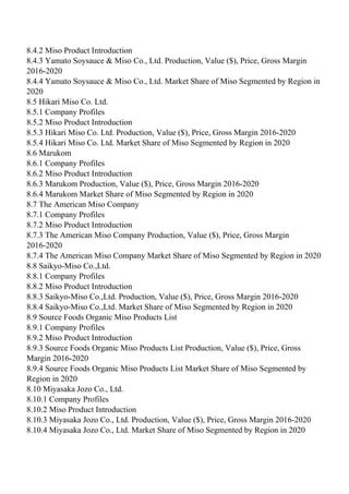 8.4.2 Miso Product Introduction
8.4.3 Yamato Soysauce & Miso Co., Ltd. Production, Value ($), Price, Gross Margin
2016-2020
8.4.4 Yamato Soysauce & Miso Co., Ltd. Market Share of Miso Segmented by Region in
2020
8.5 Hikari Miso Co. Ltd.
8.5.1 Company Profiles
8.5.2 Miso Product Introduction
8.5.3 Hikari Miso Co. Ltd. Production, Value ($), Price, Gross Margin 2016-2020
8.5.4 Hikari Miso Co. Ltd. Market Share of Miso Segmented by Region in 2020
8.6 Marukom
8.6.1 Company Profiles
8.6.2 Miso Product Introduction
8.6.3 Marukom Production, Value ($), Price, Gross Margin 2016-2020
8.6.4 Marukom Market Share of Miso Segmented by Region in 2020
8.7 The American Miso Company
8.7.1 Company Profiles
8.7.2 Miso Product Introduction
8.7.3 The American Miso Company Production, Value ($), Price, Gross Margin
2016-2020
8.7.4 The American Miso Company Market Share of Miso Segmented by Region in 2020
8.8 Saikyo-Miso Co.,Ltd.
8.8.1 Company Profiles
8.8.2 Miso Product Introduction
8.8.3 Saikyo-Miso Co.,Ltd. Production, Value ($), Price, Gross Margin 2016-2020
8.8.4 Saikyo-Miso Co.,Ltd. Market Share of Miso Segmented by Region in 2020
8.9 Source Foods Organic Miso Products List
8.9.1 Company Profiles
8.9.2 Miso Product Introduction
8.9.3 Source Foods Organic Miso Products List Production, Value ($), Price, Gross
Margin 2016-2020
8.9.4 Source Foods Organic Miso Products List Market Share of Miso Segmented by
Region in 2020
8.10 Miyasaka Jozo Co., Ltd.
8.10.1 Company Profiles
8.10.2 Miso Product Introduction
8.10.3 Miyasaka Jozo Co., Ltd. Production, Value ($), Price, Gross Margin 2016-2020
8.10.4 Miyasaka Jozo Co., Ltd. Market Share of Miso Segmented by Region in 2020
 
