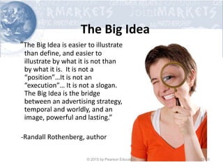 The Big Idea
“The Big Idea is easier to illustrate
than define, and easier to
illustrate by what it is not than
by what it is. It is not a
“position”…It is not an
“execution”… It is not a slogan.
The Big Idea is the bridge
between an advertising strategy,
temporal and worldly, and an
image, powerful and lasting.”
-Randall Rothenberg, author
© 2015 by Pearson Education 13-20
 