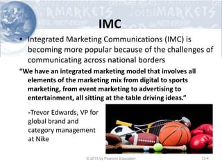 IMC
• Integrated Marketing Communications (IMC) is
becoming more popular because of the challenges of
communicating across national borders
“We have an integrated marketing model that involves all
elements of the marketing mix from digital to sports
marketing, from event marketing to advertising to
entertainment, all sitting at the table driving ideas.”
-Trevor Edwards, VP for
global brand and
category management
at Nike
© 2015 by Pearson Education 13-4
 
