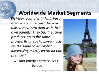 Worldwide Market Segments
“Eighteen-year olds in Paris have
more in common with 18-year-
olds in New York than with their
own parents. They buy the same
products, go to the same
movies, listen to the same music,
sip the same colas. Global
advertising merely works on that
premise.”
- William Roedy, Director, MTV
Europe
© 2015 by Pearson Education 13-7
 