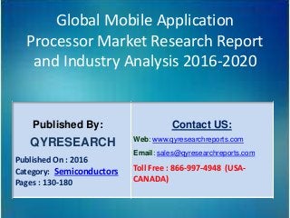 Global Mobile Application
Processor Market Research Report
and Industry Analysis 2016-2020
Published By:
QYRESEARCH
Published On : 2016
Category: Semiconductors
Pages : 130-180
Contact US:
Web: www.qyresearchreports.com
Email: sales@qyresearchreports.com
Toll Free : 866-997-4948 (USA-
CANADA)
 