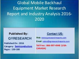 Global Mobile Backhaul
Equipment Market Research
Report and Industry Analysis 2016-
2020
Published By:
QYRESEARCH
Published On : 2016
Category: Semiconductors
Pages : 130-180
Contact US:
Web: www.qyresearchreports.com
Email: sales@qyresearchreports.com
Toll Free : 866-997-4948 (USA-
CANADA)
 