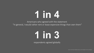 29 Fourth Annual Mobility Study 2019
29
1 in 4Americans who agreed with the statement
“In general, I would rather rent or lease expensive things than own them”
Source: 2018 New Mobility Study by Vison Mobility and CuriosityCX
1 in 3respondents agreed globally
 