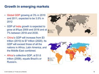 Growth in emerging markets

• Global GDP growing at 3% in 2010
  and 2011, expected to be 3.5% in
  2012
• GDP of India growth is expected to
  grow at 8%pa 2009 and 2018 and at
  7% between 2018 and 2030.
• China’s GDP will increase from $3
  trillion (2010) to $7 trillion (2020). Its
  GDP will exceed those of all the
  nations in Africa, Latin America, and
  the Middle East combined.
• Africa’s collective GDP, at $1.6
  trillion (2008), equals Brazil’s or
  Russia’s.


© 2010 Deloitte LLP. Private and confidential   5
 