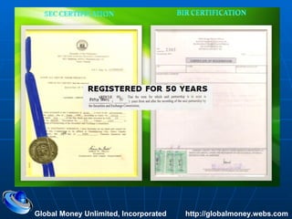 Registrations SEC Registration  #A199909295 Global Money Unlimited, Incorporated  http://globalmoney.webs.com BIR Registration  #203-081-354-000 