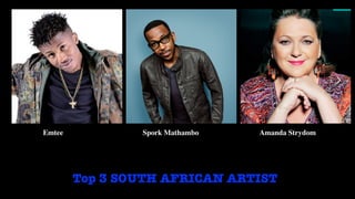 Top 3 SOUTH AFRICAN ARTIST
Emtee Spork Mathambo Amanda Strydom