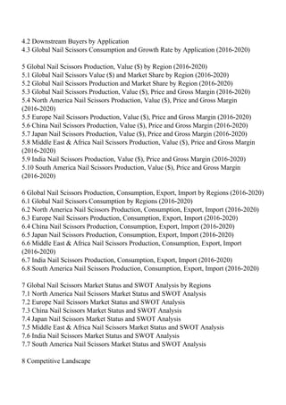 4.2 Downstream Buyers by Application
4.3 Global Nail Scissors Consumption and Growth Rate by Application (2016-2020)
5 Global Nail Scissors Production, Value ($) by Region (2016-2020)
5.1 Global Nail Scissors Value ($) and Market Share by Region (2016-2020)
5.2 Global Nail Scissors Production and Market Share by Region (2016-2020)
5.3 Global Nail Scissors Production, Value ($), Price and Gross Margin (2016-2020)
5.4 North America Nail Scissors Production, Value ($), Price and Gross Margin
(2016-2020)
5.5 Europe Nail Scissors Production, Value ($), Price and Gross Margin (2016-2020)
5.6 China Nail Scissors Production, Value ($), Price and Gross Margin (2016-2020)
5.7 Japan Nail Scissors Production, Value ($), Price and Gross Margin (2016-2020)
5.8 Middle East & Africa Nail Scissors Production, Value ($), Price and Gross Margin
(2016-2020)
5.9 India Nail Scissors Production, Value ($), Price and Gross Margin (2016-2020)
5.10 South America Nail Scissors Production, Value ($), Price and Gross Margin
(2016-2020)
6 Global Nail Scissors Production, Consumption, Export, Import by Regions (2016-2020)
6.1 Global Nail Scissors Consumption by Regions (2016-2020)
6.2 North America Nail Scissors Production, Consumption, Export, Import (2016-2020)
6.3 Europe Nail Scissors Production, Consumption, Export, Import (2016-2020)
6.4 China Nail Scissors Production, Consumption, Export, Import (2016-2020)
6.5 Japan Nail Scissors Production, Consumption, Export, Import (2016-2020)
6.6 Middle East & Africa Nail Scissors Production, Consumption, Export, Import
(2016-2020)
6.7 India Nail Scissors Production, Consumption, Export, Import (2016-2020)
6.8 South America Nail Scissors Production, Consumption, Export, Import (2016-2020)
7 Global Nail Scissors Market Status and SWOT Analysis by Regions
7.1 North America Nail Scissors Market Status and SWOT Analysis
7.2 Europe Nail Scissors Market Status and SWOT Analysis
7.3 China Nail Scissors Market Status and SWOT Analysis
7.4 Japan Nail Scissors Market Status and SWOT Analysis
7.5 Middle East & Africa Nail Scissors Market Status and SWOT Analysis
7.6 India Nail Scissors Market Status and SWOT Analysis
7.7 South America Nail Scissors Market Status and SWOT Analysis
8 Competitive Landscape
 