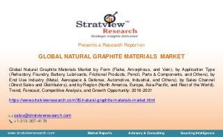 www.stratviewresearch.com Market Reports Advisory & Consulting Sourcing Intelligence
Presents a Research Report on
GLOBAL NATURAL GRAPHITE MATERIALS MARKET
Global Natural Graphite Materials Market by Form (Flake, Amorphous, and Vein), by Application Type
(Refractory, Foundry, Battery, Lubricants, Frictional Products, Pencil, Parts & Components, and Others), by
End Use Industry (Metal, Aerospace & Defense, Automotive, Industrial, and Others), by Sales Channel
(Direct Sales and Distributors), and by Region (North America, Europe, Asia-Pacific, and Rest of the World),
Trend, Forecast, Competitive Analysis, and Growth Opportunity: 2016-2021
https://www.stratviewresearch.com/95/natural-graphite-materials-market.html
sales@stratviewresearch.com
+1-313-307-4176
 
