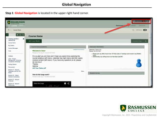 Copyright Rasmussen, Inc. 2015. Proprietary and Confidential.
Global Navigation
Step 1: Global Navigation is located in the upper right hand corner.
 