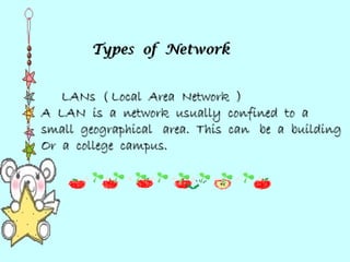 Types of Network LANs ( Local Area Network ) A LAN is a network usually confined to a small geographical area. This can be a building Or a college campus.