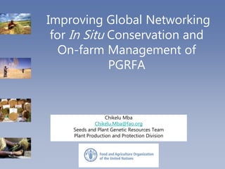 Improving Global Networking
for In Situ Conservation and
On-farm Management of
PGRFA
Chikelu Mba
Chikelu.Mba@fao.org
Seeds and Plant Genetic Resources Team
Plant Production and Protection Division
 