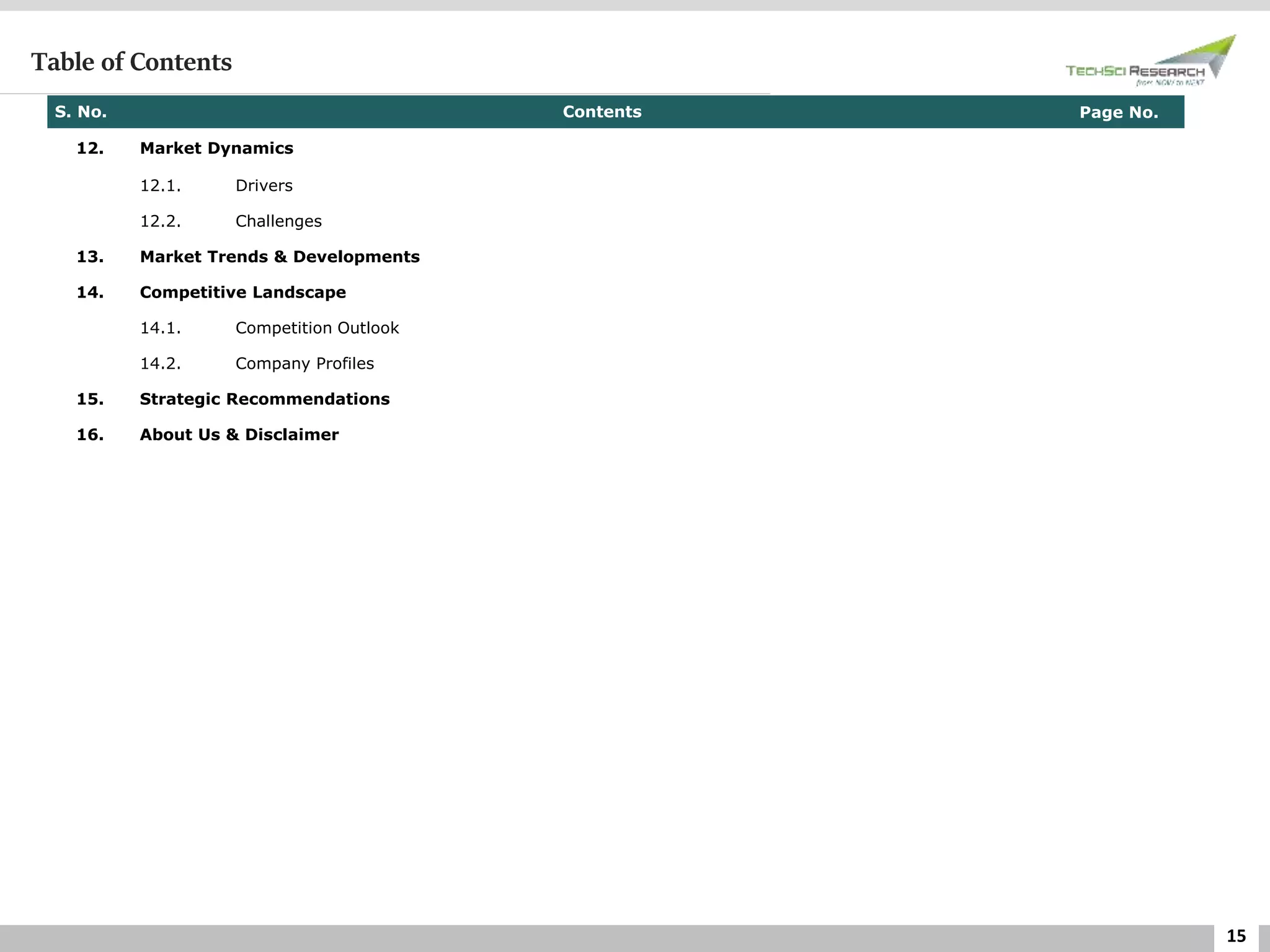 15
Table of Contents
S. No. Contents Page No.
12. Market Dynamics
12.1. Drivers
12.2. Challenges
13. Market Trends & Developments
14. Competitive Landscape
14.1. Competition Outlook
14.2. Company Profiles
15. Strategic Recommendations
16. About Us & Disclaimer
 