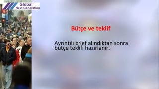 Ayrıntılı brief alındıktan sonra
bütçe teklifi hazırlanır.
Bütçe ve teklif
 