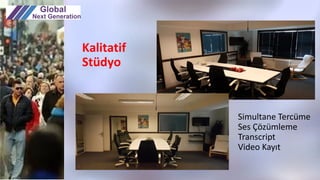 Kalitatif
Stüdyo
Simultane Tercüme
Ses Çözümleme
Transcript
Video Kayıt
 