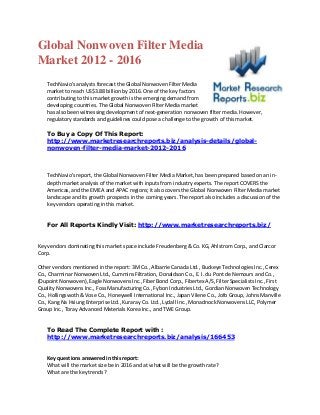 Global Nonwoven Filter Media
Market 2012 - 2016
    TechNavio's analysts forecast the Global Nonwoven Filter Media
    market to reach US$3.88 billion by 2016. One of the key factors
    contributing to this market growth is the emerging demand from
    developing countries. The Global Nonwoven Filter Media market
    has also been witnessing development of next-generation nonwoven filter media. However,
    regulatory standards and guidelines could pose a challenge to the growth of this market.

    To Buy a Copy Of This Report:
    http://www.marketresearchreports.biz/analysis-details/global-
    nonwoven-filter-media-market-2012-2016



    TechNavio's report, the Global Nonwoven Filter Media Market, has been prepared based on an in-
    depth market analysis of the market with inputs from industry experts. The report COVERS the
    Americas, and the EMEA and APAC regions; it also covers the Global Nonwoven Filter Media market
    landscape and its growth prospects in the coming years. The report also includes a discussion of the
    key vendors operating in this market.


    For All Reports Kindly Visit: http://www.marketresearchreports.biz/


Key vendors dominating this market space include Freudenberg & Co. KG, Ahlstrom Corp., and Clarcor
Corp.

Other vendors mentioned in the report: 3M Co., Albarrie Canada Ltd., Buckeye Technologies Inc., Cerex
Co., Charminar Nonwoven Ltd., Cummins Filtration, Donaldson Co., E. I. du Pont de Nemours and Co.,
(Dupoint Nonwoven), Eagle Nonwovens Inc., Fiber Bond Corp., Fibertex A/S, Filter Specialists Inc., First
Quality Nonwovens Inc., Foss Manufacturing Co., Fybon Industries Ltd., Gordian Nonwoven Technology
Co., Hollingswoth & Vose Co., Honeywell International Inc., Japan Vilene Co., Jofo Group, Johns Manville
Co., Kang Na Hsiung Enterprise Ltd., Kuraray Co. Ltd., Lydall Inc., Monadnock Nonwovens LLC, Polymer
Group Inc., Toray Advanced Materials Korea Inc., and TWE Group.


    To Read The Complete Report with :
    http://www.marketresearchreports.biz/analysis/166453


    Key questions answered in this report:
    What will the market size be in 2016 and at what will be the growth rate?
    What are the key trends?
 