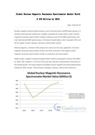 Global Nuclear Magnetic Resonance Spectrometer Market Worth
$ 476 Million by 2019
Date: 2016-09-07
Nuclear magnetic resonance spectroscopy, most commonly known as NMR spectroscopy, is a
research technique that exploits the magnetic properties of certain atomic nuclei. Nuclear
magnetic resonance spectrometer includes continuous-wave (CW) NMR spectroscopy and
multi-dimensional NMR spectroscopy on the base of classification, which represent 24% and
26% of global nuclear magnetic resonance spectrometer market.
Medical diagnosis, chemistry field and process control are the main application of nuclear
magnetic resonance spectrometer product and North American is the largest nuclear
magnetic resonance spectrometer market on production and consumption.
Global nuclear magnetic resonance spectrometer market is projected to reach $ 476 Million
by 2019, with a GAGR of 1.7% from 2015, and Asia will have a big dynamic momentum on
the market growth. The major players in the global nuclear magnetic resonance spectrometer
market are JEOL, Bruker, Thermo Fisher, Nanalysis, Anasazi, Oxford Instruments etc..
 