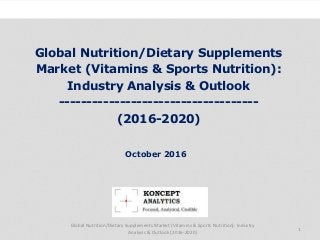 Global Nutrition/Dietary Supplements
Market (Vitamins & Sports Nutrition):
Industry Analysis & Outlook
------------------------------------
(2016-2020)
Industry Research by Koncept Analytics
1
October 2016
Global Nutrition/Dietary Supplements Market (Vitamins & Sports Nutrition): Industry
Analysis & Outlook (2016-2020)
 