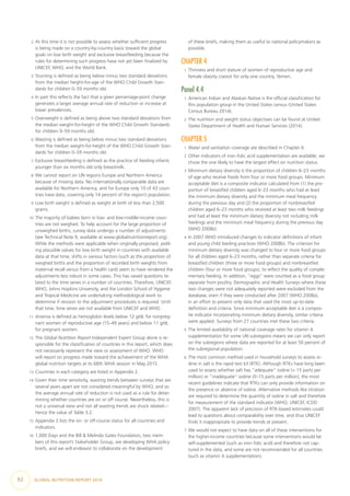 2  At this time it is not possible to assess whether sufficient progress
is being made on a country-by-country basis toward the global
goals on low birth weight and exclusive breastfeeding because the
rules for determining such progress have not yet been finalized by
UNICEF, WHO, and the World Bank.
3  Stunting is defined as being below minus two standard deviations
from the median height-for-age of the WHO Child Growth Stan-
dards for children 0–59 months old.
4  In part this reflects the fact that a given percentage-point change
generates a larger average annual rate of reduction or increase at
lower prevalences.
5  Overweight is defined as being above two standard deviations from
the median weight-for-height of the WHO Child Growth Standards
for children 0–59 months old.
6  Wasting is defined as being below minus two standard deviations
from the median weight-for-height of the WHO Child Growth Stan-
dards for children 0–59 months old.
7  Exclusive breastfeeding is defined as the practice of feeding infants
younger than six months old only breastmilk.
8  We cannot report on UN regions Europe and Northern America
because of missing data. No internationally comparable data are
available for Northern America, and for Europe only 10 of 43 coun-
tries have data, covering only 14 percent of the region’s population.
9  Low birth weight is defined as weight at birth of less than 2,500
grams.
10  The majority of babies born in low- and low-middle-income coun-
tries are not weighed. To help account for the large proportion of
unweighed births, survey data undergo a number of adjustments
(see Technical Note 9, available at www.globalnutritionreport.org).
While the methods were applicable when originally proposed, yield-
ing plausible values for low birth weight in countries with available
data at that time, shifts in various factors (such as the proportion of
weighed births and the proportion of recorded birth weights from
maternal recall versus from a health card) seem to have rendered the
adjustments less robust in some cases. This has raised questions re-
lated to the time series in a number of countries. Therefore, UNICEF,
WHO, Johns Hopkins University, and the London School of Hygiene
and Tropical Medicine are undertaking methodological work to
determine if revision to the adjustment procedures is required. Until
that time, time series are not available from UNICEF and WHO.
11  Anemia is defined as hemoglobin levels below 12 g/dL for nonpreg-
nant women of reproductive age (15–49 years) and below 11 g/dL
for pregnant women.
12  The Global Nutrition Report Independent Expert Group alone is re-
sponsible for the classification of countries in this report, which does
not necessarily represent the view or assessment of WHO. WHO
will report on progress made toward the achievement of the WHA
global nutrition targets at its 68th WHA session in May 2015.
13  Countries in each category are listed in Appendix 2.
14  Given their time sensitivity, wasting trends between surveys that are
several years apart are not considered meaningful by WHO, and so
the average annual rate of reduction is not used as a rule for deter-
mining whether countries are on or off course. Nevertheless, this is
not a universal view and not all wasting trends are shock related—
hence the value of Table 3.2.
15  Appendix 3 lists the on- or off-course status for all countries and
indicators.
16  1,000 Days and the Bill & Melinda Gates Foundation, two mem-
bers of this report’s Stakeholder Group, are developing WHA policy
briefs, and we will endeavor to collaborate on the development
of these briefs, making them as useful to national policymakers as
possible.
CHAPTER 4
1  Thinness and short stature of women of reproductive age and
female obesity coexist for only one country, Yemen.
Panel 4.4
1  American Indian and Alaskan Native is the official classification for
this population group in the United States census (United States
Census Bureau 2014).
2  The nutrition and weight status objectives can be found at United
States Department of Health and Human Services (2014).
CHAPTER 5
1  Water and sanitation coverage are described in Chapter 6.
2  Other indicators of iron–folic acid supplementation are available; we
chose the one likely to have the largest effect on nutrition status.
3  Minimum dietary diversity is the proportion of children 6–23 months
of age who receive foods from four or more food groups. Minimum
acceptable diet is a composite indicator calculated from (1) the pro-
portion of breastfed children aged 6–23 months who had at least
the minimum dietary diversity and the minimum meal frequency
during the previous day and (2) the proportion of nonbreastfed
children aged 6–23 months who received at least two milk feedings
and had at least the minimum dietary diversity not including milk
feedings and the minimum meal frequency during the previous day
(WHO 2008b).
4  In 2007 WHO introduced changes to indicator definitions of infant
and young child feeding practices (WHO 2008b). The criterion for
minimum dietary diversity was changed to four or more food groups
for all children aged 6–23 months, rather than separate criteria for
breastfed children (three or more food groups) and nonbreastfed
children (four or more food groups), to reflect the quality of comple-
mentary feeding. In addition, “eggs” were counted as a food group
separate from poultry. Demographic and Health Surveys where these
two changes were not adequately reported were excluded from the
database, even if they were conducted after 2007 (WHO 2008a),
in an effort to present only data that used the most up-to-date
definition and criteria. Since minimum acceptable diet is a compos-
ite indicator incorporating minimum dietary diversity, similar criteria
were applied. Surveys from 27 countries met these two criteria.
5  The limited availability of national coverage rates for vitamin A
supplementation for some UN subregions means we can only report
on the subregions where data are reported for at least 50 percent of
the subregional population.
6  The most common method used in household surveys to assess io-
dine in salt is the rapid test kit (RTK). Although RTKs have long been
used to assess whether salt has “adequate” iodine (> 15 parts per
million) or “inadequate” iodine (0–15 parts per million), the most
recent guidelines indicate that RTKs can only provide information on
the presence or absence of iodine. Alternative methods like titration
are required to determine the quantity of iodine in salt and therefore
for measurement of the standard indicator (WHO, UNICEF, ICDD
2007). The apparent lack of precision of RTK-based estimates could
lead to questions about comparability over time, and thus UNICEF
finds it inappropriate to provide trends at present.
7  We would not expect to have data on all of these interventions for
the higher-income countries because some interventions would be
self-supplemented (such as iron–folic acid) and therefore not cap-
tured in the data, and some are not recommended for all countries
(such as vitamin A supplementation).
92  GLOBAL NUTRITION REPORT 2014
 
