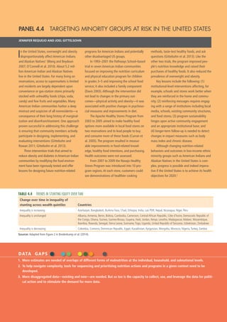 28  GLOBAL NUTRITION REPORT 2014
DATA GAPS
1.	 More estimates are needed of overlaps of different forms of malnutrition at the individual, household, and subnational levels.
2.	 To help navigate complexity, tools for sequencing and prioritizing nutrition actions and programs in a given context need to be
developed.
3.	 More disaggregated data—existing and new—are needed. But so too is the capacity to collect, use, and leverage the data for politi-
cal action and to stimulate the demand for more data.
PANEL 4.4  TARGETING MINORITY GROUPS AT RISK IN THE UNITED STATES
JENNIFER REQUEJO AND JOEL GITTELSOHN
In the United States, overweight and obesity
disproportionately affect American Indians
and Alaskan Natives1
(Wang and Beydoun
2007; O’Connell et al. 2010).About 5.2 mil-
lion American Indian and Alaskan Natives
live in the United States. For many living on
reservations, access to supermarkets is limited
and residents are largely dependent upon
convenience or gas-station stores primarily
stocked with unhealthy foods (chips, soda,
candy) and few fruits and vegetables. Many
American Indian communities harbor a deep
mistrust and suspicion of all nonresidents—a
consequence of their long history of marginal-
ization and disenfranchisement. One approach
proven successful in addressing this challenge
is ensuring that community members actively
participate in designing, implementing, and
evaluating interventions (Gittelsohn and
Rowan 2011; Gittelsohn et al. 2013).
Three intervention trials that aimed to
reduce obesity and diabetes in American Indian
communities by modifying the food environ-
ment have been rigorously tested and offer
lessons for designing future nutrition-related
programs for American Indians and potentially
other disadvantaged US groups.
In 1993–2001 the Pathways School–based
trial in seven American Indian communities
focused on improving the nutrition curriculum
and physical education program for children
in grades 3–5 and improving the school food
service; it also included a family component
(Davis 2003).Although the intervention did
not lead to changes in the primary out-
comes—physical activity and obesity—it was
associated with positive changes in psychoso-
cial measures and improvements in diet.
The Apache Healthy Stores Program from
2003 to 2005 aimed to make healthy food
options more available in local food stores on
two reservations and to lead people to buy
and consume more of these foods (Curran et
al. 2005).The program resulted in measur-
able improvements in food-related knowl-
edge, healthy food intentions, and purchasing.
Health outcomes were not assessed.
From 2007 to 2009 the Navajo Healthy
Stores Program was introduced into 10 pro-
gram regions.At each store, customers could
see demonstrations of healthier cooking
methods, taste-test healthy foods, and ask
questions (Gittelsohn et al. 2013). Like the
other two trials, the program improved peo-
ple’s nutrition knowledge and raised their
purchases of healthy foods. It also reduced the
prevalence of overweight and obesity.
Key lessons include the following: (1)
institutional-level interventions affecting, for
example, schools and stores work better when
they are reinforced in the home and commu-
nity; (2) reinforcing messages requires engag-
ing with a range of institutions including local
media, schools, existing community structures,
and food stores; (3) program sustainability
hinges upon active community engagement
and an appropriate institutional base; and
(4) longer-term follow-up is needed to detect
changes in impact measures such as body
mass index and chronic disease.
Although changing nutrition-related
behaviors and outcomes in low-income ethnic
minority groups such as American Indians and
Alaskan Natives in the United States is com-
plex, progress is possible and indeed impera-
tive if the United States is to achieve its health
objectives for 2020.2
TABLE 4.4  TRENDS IN STUNTING EQUITY OVER TIME
Change over time in inequality of
stunting across wealth quintiles Countries
Inequality is increasing Azerbaijan, Bangladesh, Burkina Faso, Chad, Ethiopia, India, Lao PDR, Nepal, Nicaragua, Niger, Peru
Inequality is unchanged Albania,Armenia, Benin, Bolivia, Cambodia, Cameroon, Central African Republic, Côte d’Ivoire, Democratic Republic of
the Congo, Ghana, Guinea, Guinea-Bissau, Guyana, Haiti, Jordan, Kenya, Lesotho, Madagascar, Malawi, Mozambique,
Namibia, Rwanda, Senegal, Sierra Leone, Suriname,Togo, Uganda, United Republic of Tanzania, Uzbekistan, Zimbabwe
Inequality is decreasing Colombia, Comoros, Dominican Republic, Egypt, Kazakhstan, Kyrgyzstan, Mongolia, Morocco, Nigeria,Turkey, Zambia
Source: Adapted from Figure 2 in Bredenkamp et al. (2014).
 
