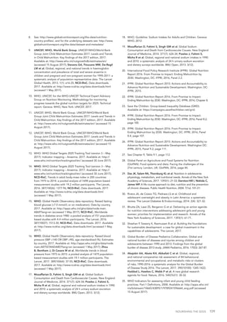 NOURISHING THE SDGS 109
8.	 See: http://www.globalnutritionreport.org/the-data/nutrition-
country-profiles/, and for the underlying datasets see: http://www.
globalnutritionreport.org/the-data/dataset-and-metadata/
9.	 UNICEF, WHO, World Bank Group. UNICEF/WHO/World Bank
Group Joint Child Malnutrition Estimates 2017. Levels and Trends
in Child Malnutrition. Key findings of the 2017 edition, 2017.
Available at: http://www.who.int/nutgrowthdb/estimates/en/
(accessed 15 August 2017); Stevens GA, Finucane MM, De-Regil
LM et al. Global, regional, and national trends in haemoglobin
concentration and prevalence of total and severe anaemia in
children and pregnant and non-pregnant women for 1995-2011: a
systematic analysis of population-representative data. The Lancet
Global Health, 2013. 1(1): e16-25; NCD-RisC. Data downloads.
2017. Available at: http://www.ncdrisc.org/data-downloads.html
(accessed 1 May 2017).
10.	 WHO, UNICEF, for the WHO-UNICEF Technical Expert Advisory
Group on Nutrition Monitoring. Methodology for monitoring
progress towards the global nutrition targets for 2025: Technical
report. Geneva: WHO, New York: UNICEF, 2017.
11.	 UNICEF, WHO, World Bank Group. UNICEF/WHO/World Bank
Group Joint Child Malnutrition Estimates 2017. Levels and Trends in
Child Malnutrition. Key findings of the 2017 edition, 2017. Available
at: http://www.who.int/nutgrowthdb/estimates/en/ (accessed 15
August 2017).
12.	 UNICEF, WHO, World Bank Group. UNICEF/WHO/World Bank
Group Joint Child Malnutrition Estimates 2017. Levels and Trends in
Child Malnutrition. Key findings of the 2017 edition, 2017. Available
at: http://www.who.int/nutgrowthdb/estimates/en/ (accessed 15
August 2017).
13.	 WHO. WHO Global Targets 2025 Tracking Tool (version 3 – May
2017): Indicator mapping – Anaemia. 2017. Available at: http://
www.who.int/nutrition/trackingtool/en/ (accessed 30 June 2017).
14.	WHO. WHO Global Targets 2025 Tracking Tool (version 3 – May
2017): Indicator mapping – Anaemia. 2017. Available at: http://
www.who.int/nutrition/trackingtool/en/ (accessed 30 June 2017);
NCD-RisC. Trends in adult body-mass index in 200 countries
from 1975 to 2014: a pooled analysis of 1698 population-based
measurement studies with 19.2 million participants. The Lancet,
2016. 387(10026): 1377-96; NCD-RisC. Data downloads. 2017.
Available at: http://www.ncdrisc.org/data-downloads.html
(accessed 1 May 2017).
15.	WHO. Global Health Observatory data repository: Raised fasting
blood glucose (≥7.0 mmol/L or on medication). Data by country,
2017. Available at: http://apps.who.int/gho/data/node.main.
A869?lang=en (accessed 1 May 2017); NCD-RisC. Worldwide
trends in diabetes since 1980: a pooled analysis of 751 population-
based studies with 4.4 million participants. The Lancet, 2016.
387(10027): 1513-30; NCD-RisC. Data downloads. 2017. Available
at: http://www.ncdrisc.org/data-downloads.html (accessed 1 May
2017).
16.	WHO. Global Health Observatory data repository: Raised blood
pressure (SBP ≥140 OR DBP ≥90), age-standardized (%). Estimates
by country, 2017. Available at: http://apps.who.int/gho/data/node.
main.A875STANDARD?lang=en (accessed 1 May 2017); Zhou
B, Bentham J, Di Cesare M et al. Worldwide trends in blood
pressure from 1975 to 2015: a pooled analysis of 1479 population-
based measurement studies with 19.1 million participants. The
Lancet, 2017. 389(10064): 37-55; NCD-RisC. Data downloads.
2017. Available at: http://www.ncdrisc.org/data-downloads.html
(accessed 1 May 2017).
17.	 Mozaffarian D, Fahimi S, Singh GM et al. Global Sodium
Consumption and Death from Cardiovascular Causes. New England
Journal of Medicine, 2014. 371(7): 624-34; Powles J, Fahimi S,
Micha R et al. Global, regional and national sodium intakes in 1990
and 2010: a systematic analysis of 24 h urinary sodium excretion
and dietary surveys worldwide. BMJ Open, 2013. 3(12).
18.	 WHO. Guideline: Sodium Intakes for Adults and Children. Geneva:
WHO, 2012.
19.	 Mozaffarian D, Fahimi S, Singh GM et al. Global Sodium
Consumption and Death from Cardiovascular Causes. New England
Journal of Medicine, 2014. 371(7): 624-34; Powles J, Fahimi S,
Micha R et al. Global, regional and national sodium intakes in 1990
and 2010: a systematic analysis of 24 h urinary sodium excretion
and dietary surveys worldwide. BMJ Open, 2013. 3(12).
20.	 International Food Policy Research Institute (IFPRI). Global Nutrition
Report 2016. From Promise to Impact: Ending Malnutrition by
2030. Washington, DC: IFPRI, 2016, Panel 2.2.
21.	 IFPRI. Global Nutrition Report 2015: Actions and Accountability to
Advance Nutrition and Sustainable Development. Washington, DC:
IFPRI, 2015.
22.	 IFPRI. Global Nutrition Report 2016. From Promise to Impact:
Ending Malnutrition by 2030. Washington, DC: IFPRI, 2016, Chapter 8.
23.	 Save the Children. Group-based Inequality Database (GRID).
Available at: https://campaigns.savethechildren.net/grid.
24.	 IFPRI. Global Nutrition Report 2016. From Promise to Impact:
Ending Malnutrition by 2030. Washington, DC: IFPRI, 2016, Panel 8.2,
page 100.
25.	 IFPRI. Global Nutrition Report 2016. From Promise to Impact:
Ending Malnutrition by 2030. Washington, DC: IFPRI, 2016, Panel
8.4, page 107.
26.	 IFPRI. Global Nutrition Report 2015: Actions and Accountability to
Advance Nutrition and Sustainable Development. Washington DC:
IFPRI, 2015, Panel 9.2, page 111.
27.	 See Chapter 9, Table 9.1, page 112.
28.	 Global Panel on Agriculture and Food Systems for Nutrition
(GloPAN). Food systems and diets: Facing the challenges of the
21st century. London, UK: GloPAN, 2016, page 44.
29.	 Das JK, Salam RA, Thornburg KL et al. Nutrition in adolescents:
physiology, metabolism, and nutritional needs. Annals of the New York
Academy of Sciences, 2017. 1393(1): 21-33; Darnton-Hill I, Nishida C,
James WP. A life course approach to diet, nutrition and the prevention
of chronic diseases. Public Health Nutrition, 2004. 7(1a): 101-21.
30.	 Rivera JA, de Cossio TG, Pedraza LS et al. Childhood and
adolescent overweight and obesity in Latin America: a systematic
review. The Lancet Diabetes & Endocrinology, 2014. 2(4): 321-32.
31.	 Bhutta ZA, Lassi ZS, Bergeron G et al. Delivering an action agenda
for nutrition interventions addressing adolescent girls and young
women: priorities for implementation and research. Annals of the
New York Academy of Sciences, 2017. 1393(1): 61-71.
32.	 Sheehan P, Sweeny K, Rasmussen B et al. Building the foundations
for sustainable development: a case for global investment in the
capabilities of adolescents. The Lancet, 2017.
33.	 Global Burden of Disease Pediatrics Collaboration. Global and
national burden of diseases and injuries among children and
adolescents between 1990 and 2013: Findings from the global
burden of disease 2013 study. JAMA Pediatrics, 2016. 170(3): 267-87.
34.	 Abajobir AA, Abate KH, Abbafati C et al. Global, regional,
and national comparative risk assessment of 84 behavioural,
environmental and occupational, and metabolic risks or clusters
of risks, 1990-2016: a systematic analysis for the Global Burden
of Disease Study 2016. The Lancet, 2017. 390(10100): 1345-1422;
Haddad L, Hawkes C, Webb P et al. A new global research
agenda for food. Nature, 2016. 540(7631): 30-32.
35.	 WHO Indicators for assessing infant and young child feeding
practices. Part 1 Definitions, 2008. Available at: http://apps.who.int/
iris/bitstream/10665/43895/1/9789241596664_eng.pdf (accessed
15 August 2017).
 