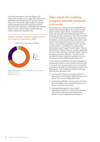 38  GLOBAL NUTRITION REPORT 2017
FIGURE 2.10: Mean intake of sodium in 193
countries by intake band, 2010
Source: Authors, based on data from Mozaffarian D et al, 2014 and
Powles J et al, 2013.19
Notes: Data is for 2010.
The world consumes too much salt (Figure 2.10).
Intake varies by region but no region had intakes within
the WHO-recommended limits of 2 g/day of sodium
(Figure 2.9). Asia has the highest intake (4.3 g/day of
sodium), followed by Europe (4.0 g/day of sodium).
At national level, only seven countries (Burundi, Comoros,
Gabon, Jamaica, Kenya, Malawi and Rwanda) have
sodium intakes within desirable limits.
Data needs for tracking
progress towards universal
outcomes
This chapter, along with part of every Global Nutrition
Report, tracks progress against the country-level and
global nutrition targets. But the universality agenda
will not be achieved without filling data gaps. Some of
these gaps are about reporting on outcomes, but others
are to do with adequate coverage of key interventions
themselves, and ensuring that these interventions reach
those in need. Appendix 2 shows how countries are
doing in reaching their populations with the ‘essential
nutrition actions’ – interventions for undernutrition
delivered primarily through the health system. Previous
Global Nutrition Reports have, for example, highlighted
the lack of data reporting on low birth weight20
and how
data gaps vary across indicators.21
This year’s report
highlights that data is simply not available from most
countries to track the MIYCN targets (Figure 2.3).
In the context of universality, these data challenges are
hampering the ability to track universal outcomes. And
if we cannot track universal outcomes, we cannot hold
the world accountable for achieving them as part of the
SDG agenda. These challenges include the following,
which are then discussed in turn:
1.		 knowing who is included in progress (and who is
not) so we can track progress against leaving no one
behind. This requires disaggregated data
2.		 knowing how well high-income countries (as well as
low and middle-income countries) are doing, so to
ensure all countries are included
3.		 knowing what progress has been made in
addressing risk factors for nutrition (such as dietary
intake data or behavioural risk factors) across
sectors, to ensure integration (see Chapter 3).
7
127
51
8
MEAN POPULATION INTAKE OF SODIUM
≤2g
2 – ≤4g
>4g
No data
 