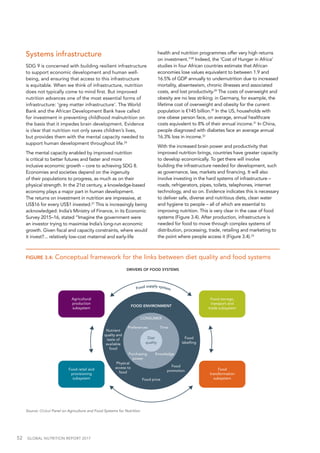 52  GLOBAL NUTRITION REPORT 2017
Systems infrastructure
SDG 9 is concerned with building resilient infrastructure
to support economic development and human well-
being, and ensuring that access to this infrastructure
is equitable. When we think of infrastructure, nutrition
does not typically come to mind first. But improved
nutrition advances one of the most essential forms of
infrastructure: ‘grey matter infrastructure’. The World
Bank and the African Development Bank have called
for investment in preventing childhood malnutrition on
the basis that it impedes brain development. Evidence
is clear that nutrition not only saves children’s lives,
but provides them with the mental capacity needed to
support human development throughout life.26
The mental capacity enabled by improved nutrition
is critical to better futures and faster and more
inclusive economic growth – core to achieving SDG 8.
Economies and societies depend on the ingenuity
of their populations to progress, as much as on their
physical strength. In the 21st century, a knowledge-based
economy plays a major part in human development.
The returns on investment in nutrition are impressive, at
US$16 for every US$1 invested.27
This is increasingly being
acknowledged: India’s Ministry of Finance, in its Economic
Survey 2015–16, stated “Imagine the government were
an investor trying to maximise India’s long-run economic
growth. Given fiscal and capacity constraints, where would
it invest?... relatively low-cost maternal and early-life
health and nutrition programmes offer very high returns
on investment.”28
Indeed, the ‘Cost of Hunger in Africa’
studies in four African countries estimate that African
economies lose values equivalent to between 1.9 and
16.5% of GDP annually to undernutrition due to increased
mortality, absenteeism, chronic illnesses and associated
costs, and lost productivity.29
The costs of overweight and
obesity are no less striking: in Germany, for example, the
lifetime cost of overweight and obesity for the current
population is €145 billion.30
In the US, households with
one obese person face, on average, annual healthcare
costs equivalent to 8% of their annual income.31
In China,
people diagnosed with diabetes face an average annual
16.3% loss in income.32
With the increased brain power and productivity that
improved nutrition brings, countries have greater capacity
to develop economically. To get there will involve
building the infrastructure needed for development, such
as governance, law, markets and financing. It will also
involve investing in the hard systems of infrastructure –
roads, refrigerators, pipes, toilets, telephones, internet
technology, and so on. Evidence indicates this is necessary
to deliver safe, diverse and nutritious diets, clean water
and hygiene to people – all of which are essential to
improving nutrition. This is very clear in the case of food
systems (Figure 3.4). After production, infrastructure is
needed for food to move through complex systems of
distribution, processing, trade, retailing and marketing to
the point where people access it (Figure 3.4).33
FIGURE 3.4: Conceptual framework for the links between diet quality and food systems
Source: Global Panel on Agriculture and Food Systems for Nutrition
DRIVERS OF FOOD SYSTEMS
FOOD ENVIRONMENT
Nutrient
quality and
taste of
available
food
Food
labelling
Physical
access to
food
Food
promotion
Food price
Diet
quality
CONSUMER
Purchasing
power
Food supply system
Agricultural
production
subsystem
Food storage,
transport and
trade subsystem
Food retail and
provisioning
subsystem
Food
transformation
subsystem
Knowledge
Preferences Time
 