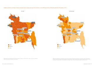 NOURISHING THE SDGS 5554  GLOBAL NUTRITION REPORT 2017
FIGURE 3.5: District coverage of safely managed water supply and improved sanitation to top 60% and bottom 40% of households, Bangladesh, 2012
Source: Reproduced from World Bank. 2017. Precarious Progress: A Diagnostic on Water, Sanitation, Hygiene, and Poverty in Bangladesh.
WASH Poverty Diagnostic. Washington, DC, World Bank.55
Notes: Safely managed water is defined here as improved water technology, on the premises, and free from E. coli and arsenic. High is defined as above
average coverage of both safely managed water supply and improved sanitation. Medium is defined as above average coverage of either safely managed
water supply or improved sanitation. Low is defined as below average coverage of both safely managed water supply and improved sanitation.
TOP 60% BOTTOM 40%
 