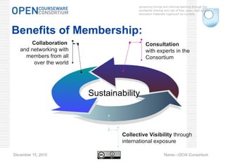 advancing formal and informal learning through the worldwide sharing and use of free, open, high-quality education materials organized as courses. December 15, 2010 Name—OCW Consortium Benefits of Membership: Consultation   with experts in the Consortium Collective Visibility  through international exposure Collaboration   and networking with members from all over the world Sustainability 