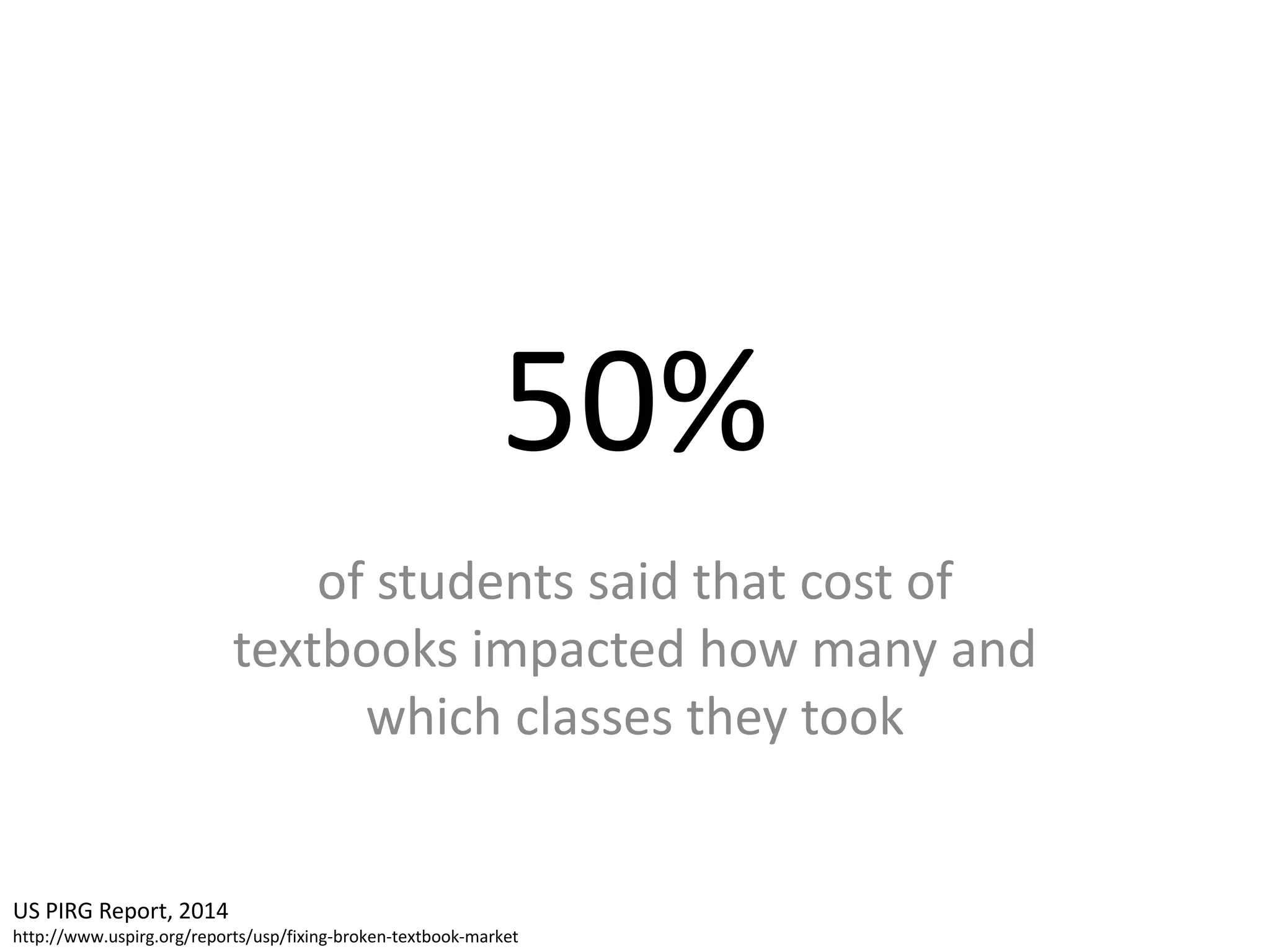 50%
of students said that cost of
textbooks impacted how many and
which classes they took
US PIRG Report, 2014
http://www.uspirg.org/reports/usp/fixing-broken-textbook-market
 