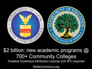 $2 billion: new academic programs @
700+ Community Colleges
Creative Commons Attribution License (CC BY) required
SkillsCommons.org
 