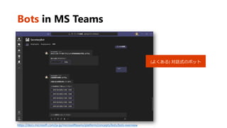 Bots in MS Teams
(よくある) 対話式のボット
https://docs.microsoft.com/ja-jp/microsoftteams/platform/concepts/bots/bots-overview
 