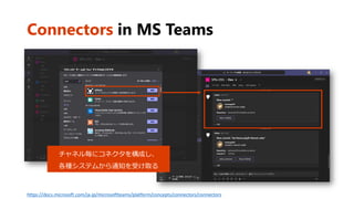 Connectors in MS Teams
チャネル毎にコネクタを構成し、
各種システムから通知を受け取る
https://docs.microsoft.com/ja-jp/microsoftteams/platform/concepts/connectors/connectors
 