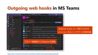 Outgoing web hooks in MS Teams
https://docs.microsoft.com/ja-jp/microsoftteams/platform/concepts/outgoingwebhook
アプリ一覧画面から Webhook を登録
Webhook も Bot として扱われるため、
メンションすることでアプリが利用可能
 